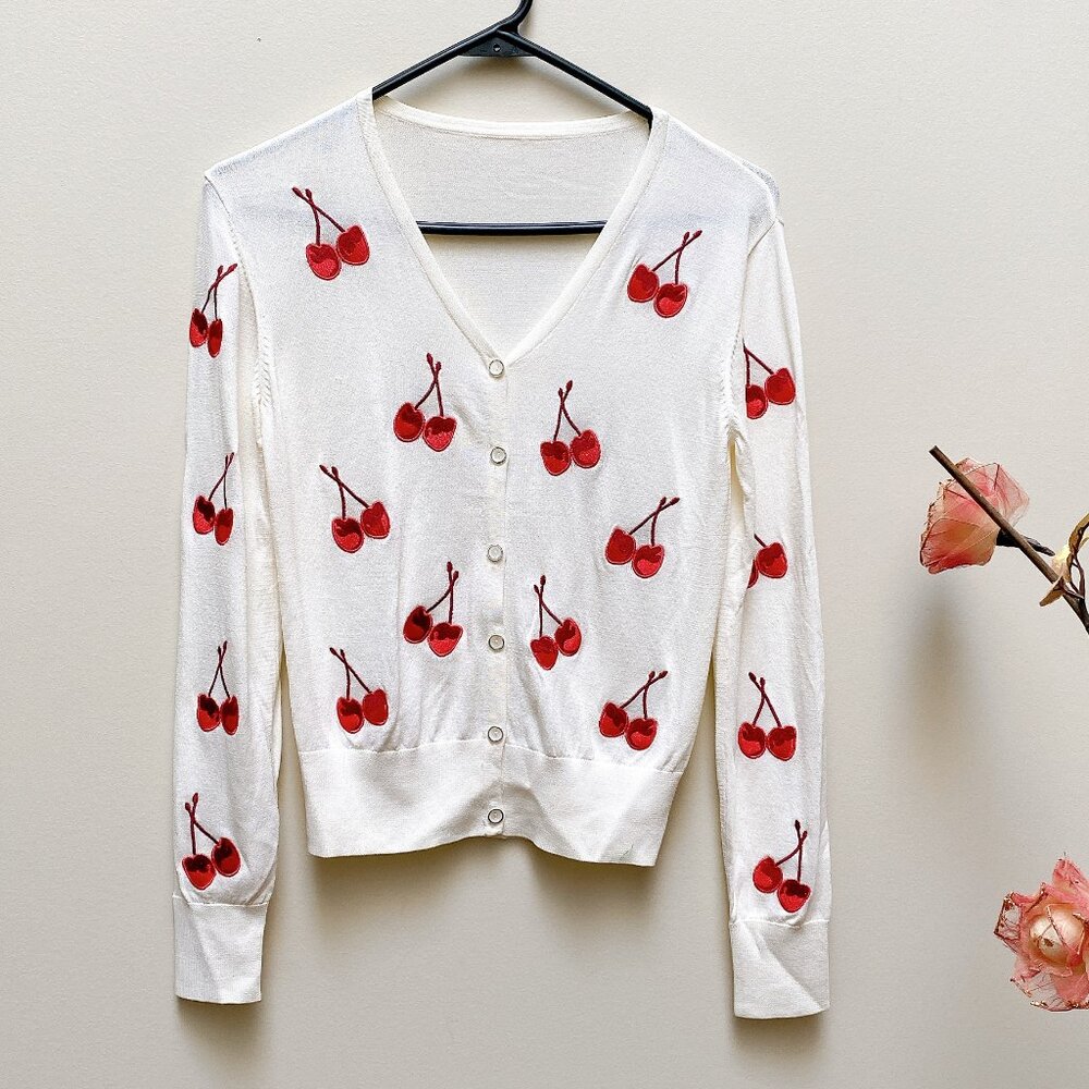 New Korean Summer Women's Knit Cherry Embroidery V Neck Long Sleeve Cardigan